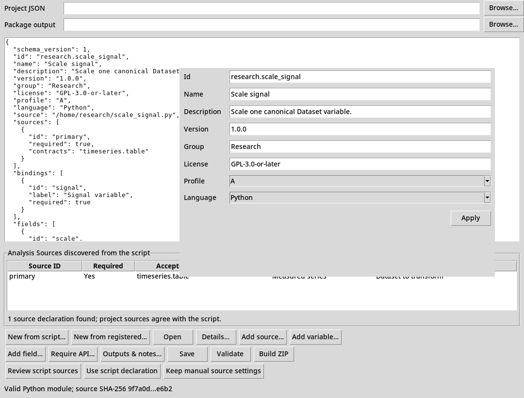 Finestra Module details del Script Module Builder