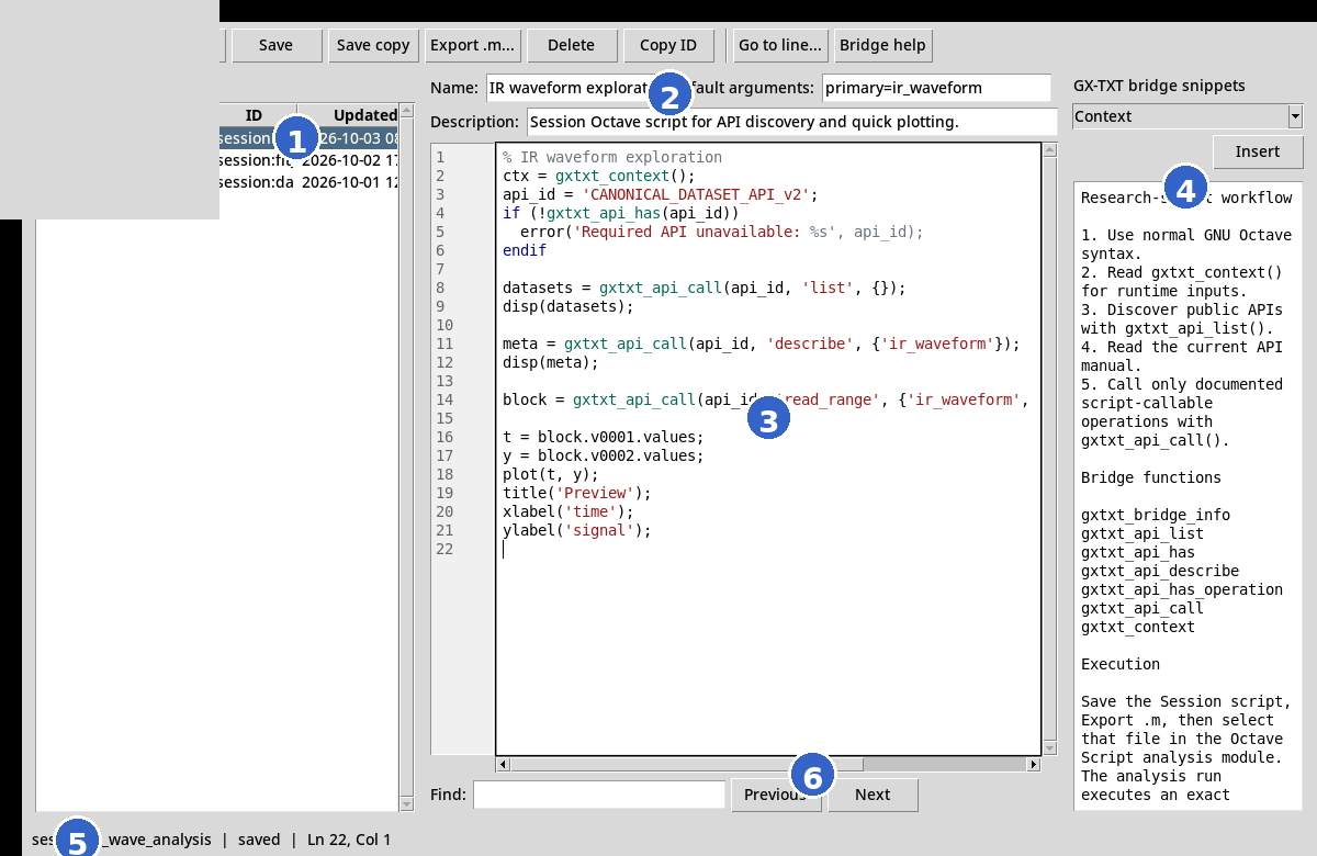 Octave Script Workspace con aree principali numerate