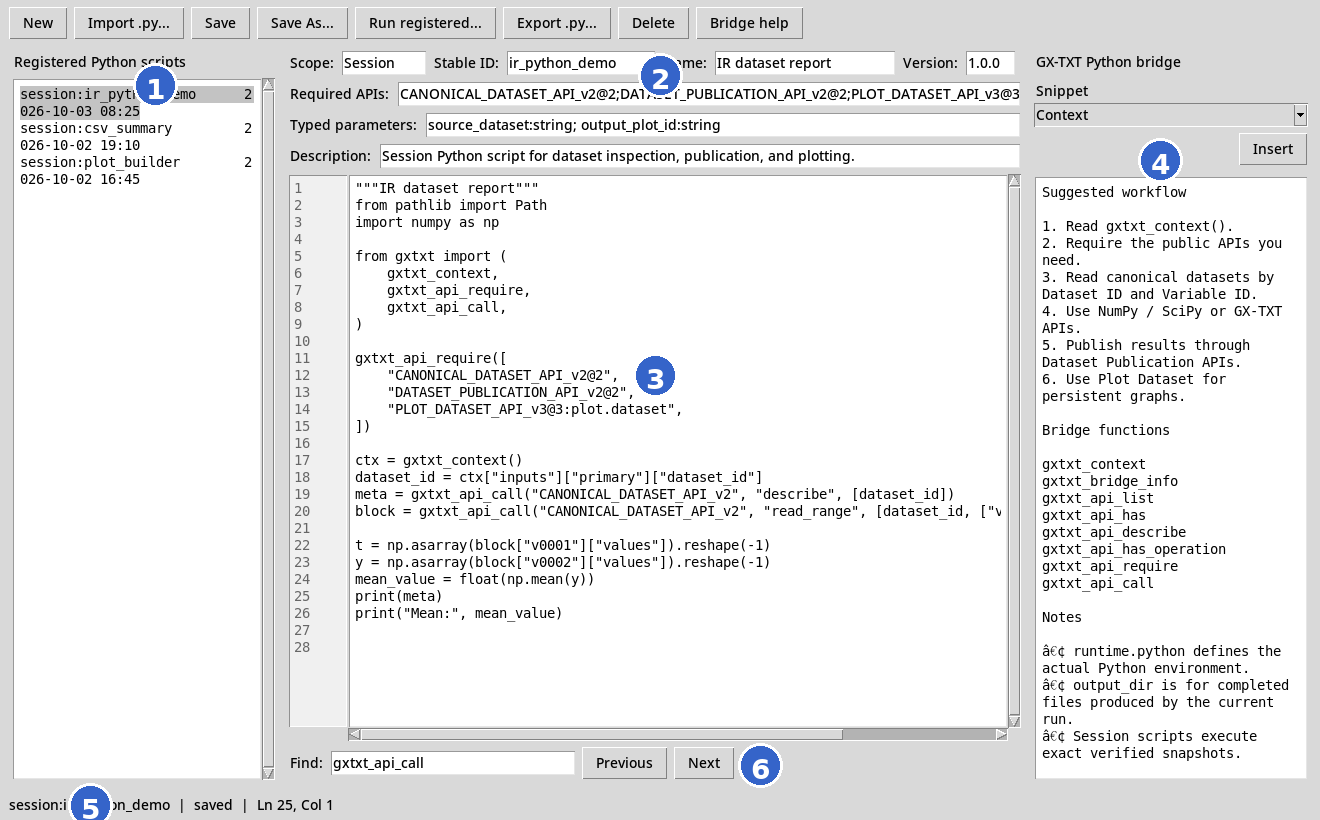 Python Script Workspace con aree principali numerate