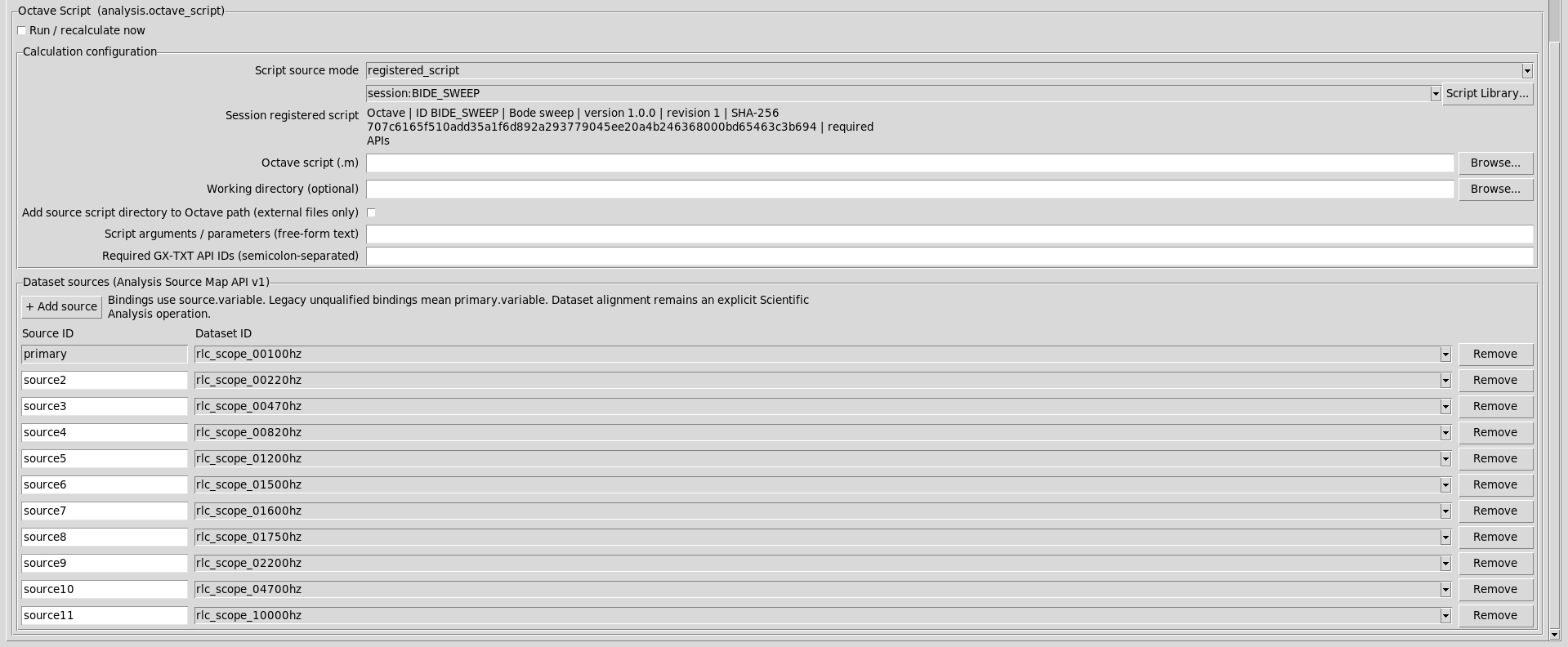 Configurazione Octave Script con undici Analysis Sources